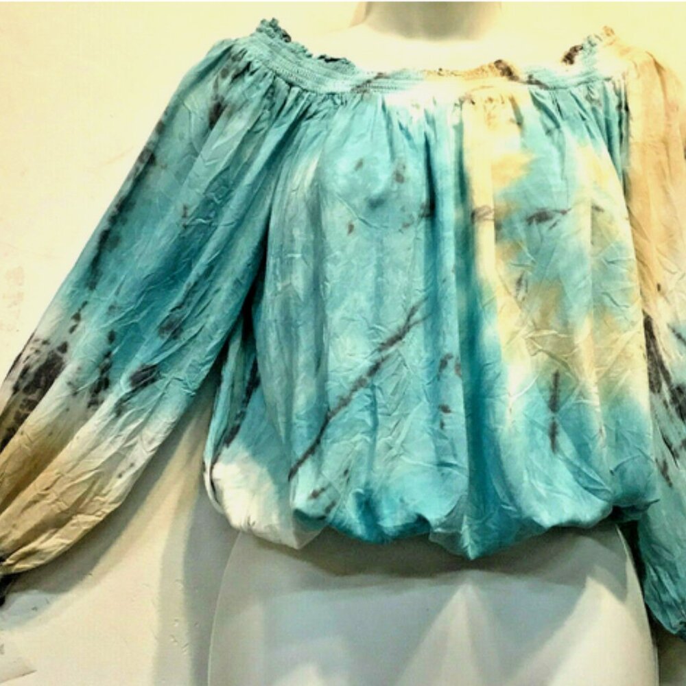 SACRED THREADS tie dye hippie boho funky smocked rayon TOP BLOUSE M/L